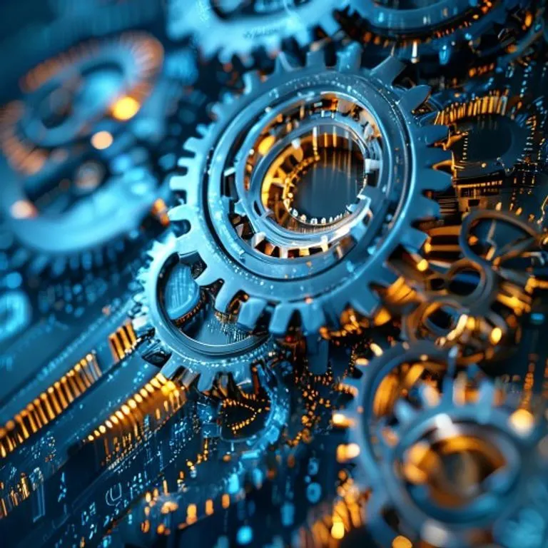 Render 3D de engranajes y flujos de datos, simbolizando la complejidad y la interconexión de las regulaciones legales y comerciales modernas.