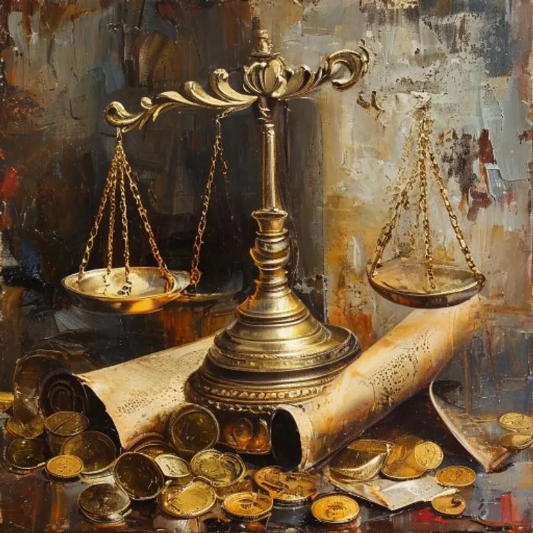 Pintura al óleo de una balanza de la justicia antigua, con monedas de oro y pergaminos, simbolizando equidad y valor comercial.