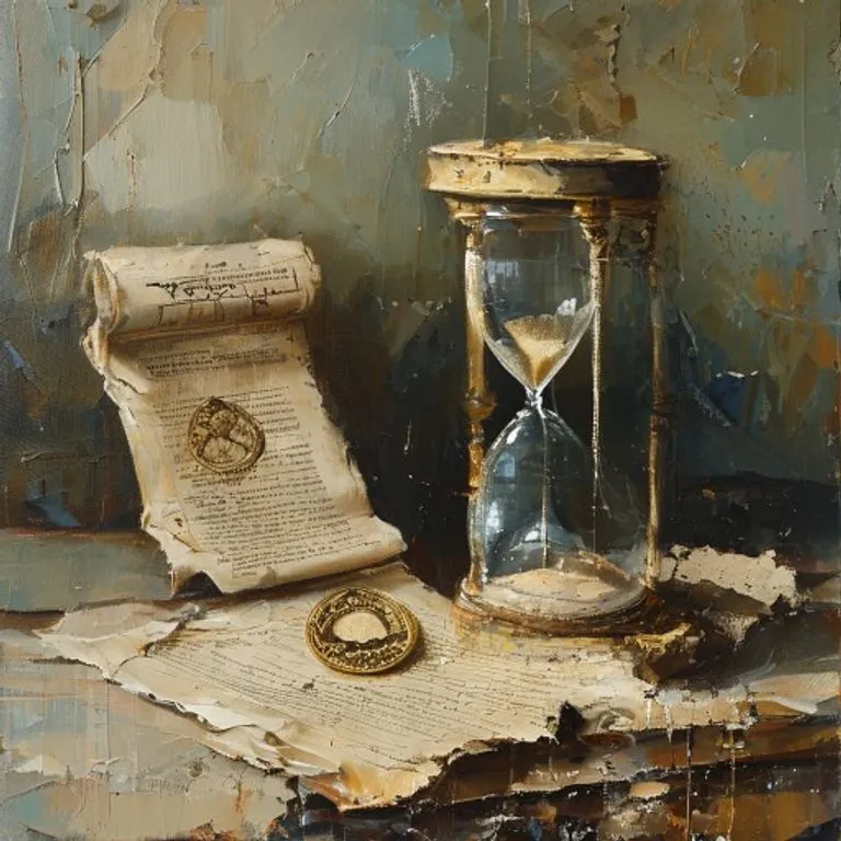 Reloj de arena desmoronándose junto a un documento legal antiguo con sello roto, en estilo de pintura al óleo.