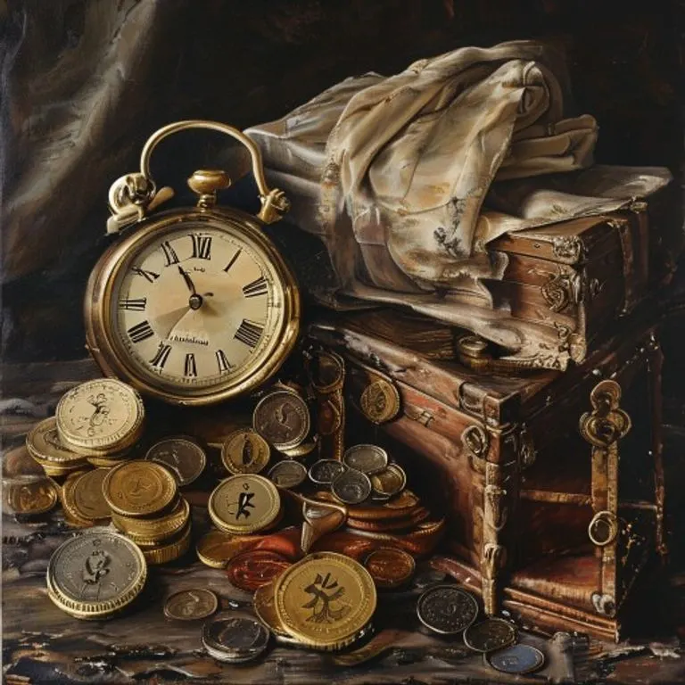 Pintura al óleo de un bodegón con un reloj de bolsillo vintage, monedas antiguas, una caja de madera pulida y una bufanda de seda, sobre una superficie oscura.