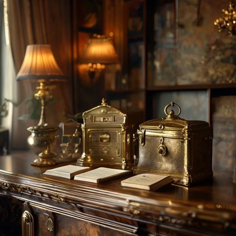 Bodegón cinematográfico de un antiguo escritorio de recepción con un libro de visitas, una campana de latón y una caja fuerte antigua entreabierta, iluminados por una luz cálida.