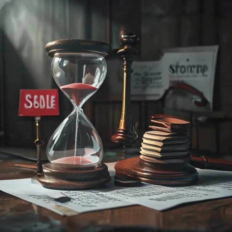 Arte conceptual de un reloj de arena roto junto a una pila de papeles legales y un pequeño mazo estilizado, con la sombra de un cartel de 'se vende' al fondo.