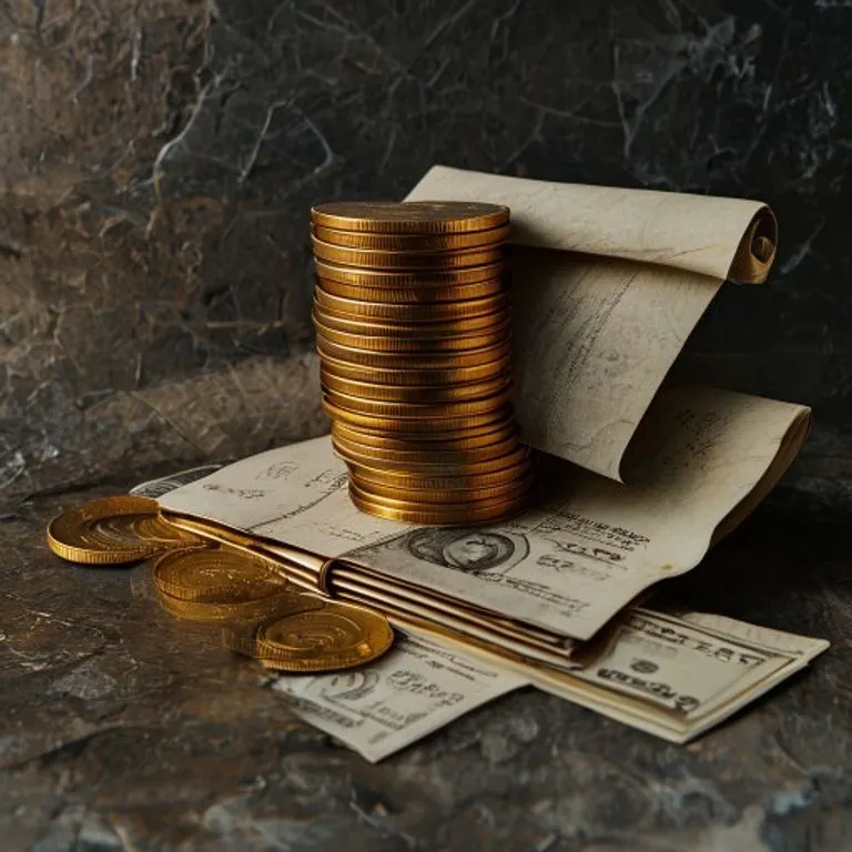 Monedas y billetes con un pergamino de contrato, simbolizando un préstamo