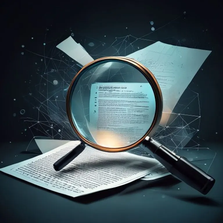 Lupa sobre documento legal con cláusulas resaltadas y formas geométricas abstractas