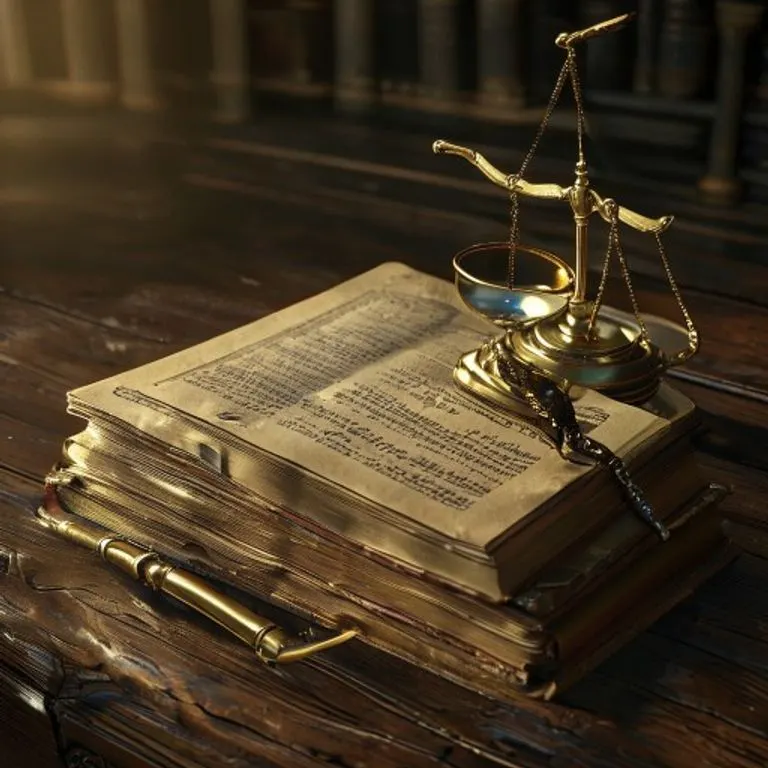 Representación 3D de libros de leyes antiguos y una balanza de la justicia, simbolizando la complejidad legal.
