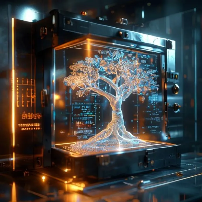 Renderizado 3D de una caja fuerte o bóveda abierta que contiene datos financieros abstractos brillantes y un holograma de un árbol genealógico intrincado, simbolizando la protección financiera y la planificación del legado.
