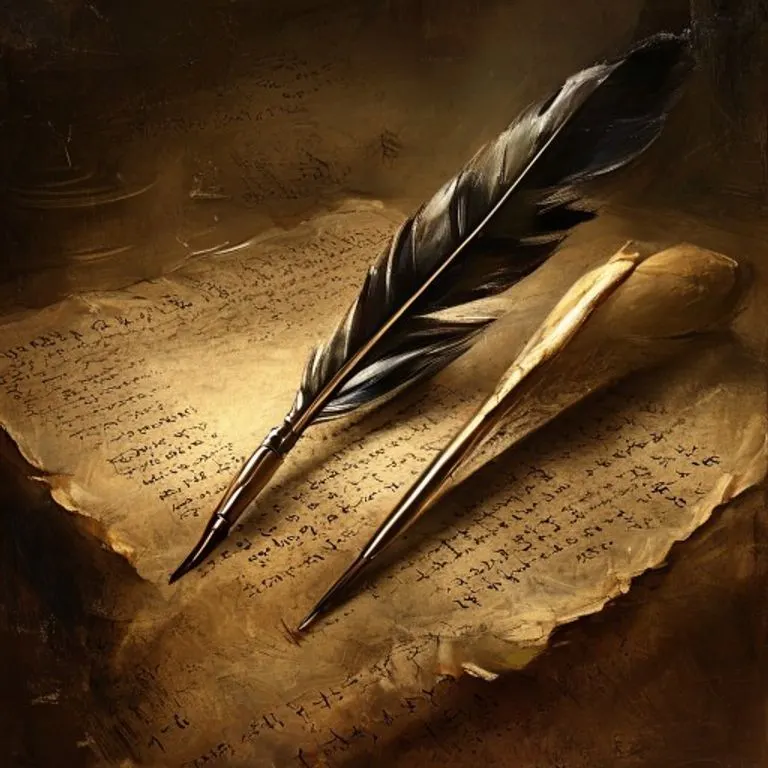 Pintura conceptual con tonos oscuros de una pluma estilográfica iluminada escribiendo meticulosamente en un pergamino antiguo desplegado, rodeada de tenues y complejos glifos legales. La escena evoca precisión, permanencia y el peso de la documentación legal.