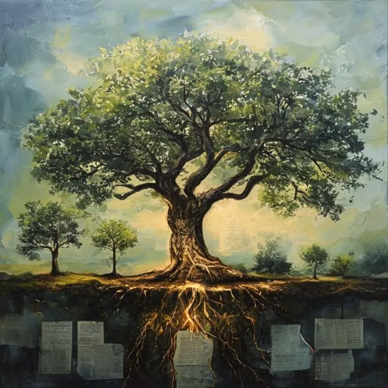 Pintura conceptual de un roble con raíces en documentos legales, protegiendo pequeños brotes