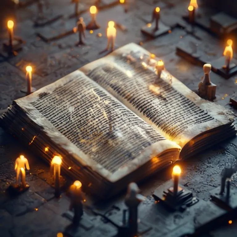 Representación 3D de un libro de leyes antiguo abierto con texto iluminado y figuras abstractas de personas alrededor.