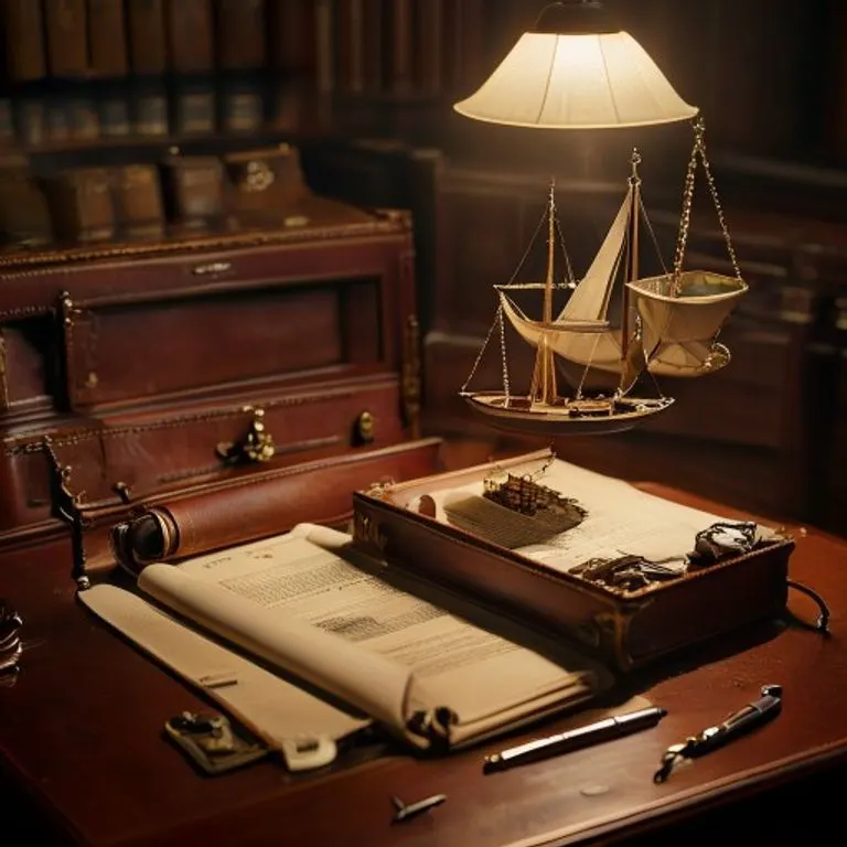 Maleta de cuero vintage abierta con documentos legales y una balanza antigua, simbolizando el equilibrio entre comercio y ley.