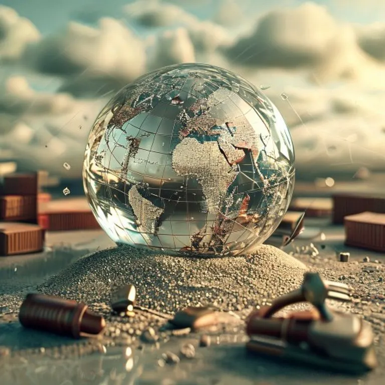 Globo de cristal roto sobre arena, con miniaturas de contenedores y mazos legales, simbolizando la fragilidad del comercio global y la necesidad de protección.