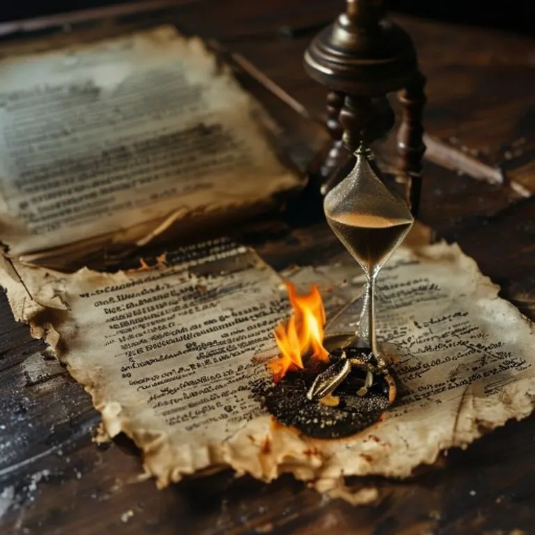 Fotografía vintage macro de un documento legal carbonizado en los bordes sobre un escritorio de madera oscura, con un reloj de arena volcado y un fósforo apagado, evocando el impacto del fuego y el tiempo.