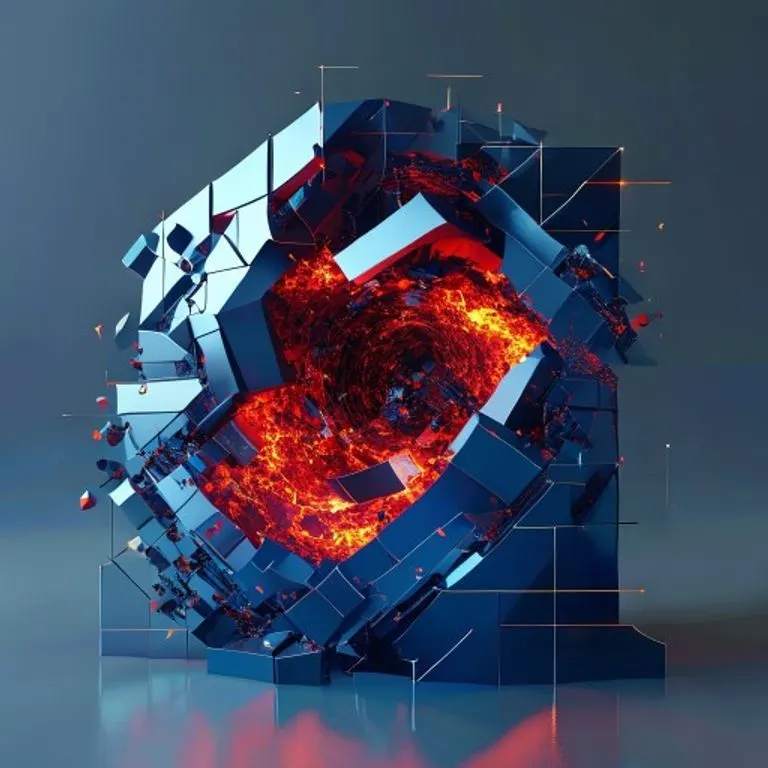 Render 3D conceptual de formas geométricas azules y plateadas formando una barrera protectora alrededor de un vórtice caótico de luz roja y naranja, simbolizando la estructura legal frente a eventos impredecibles.
