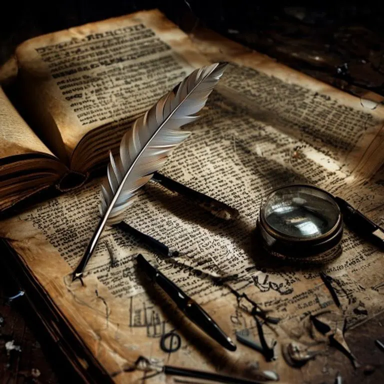Conceptual art de un escritorio con un libro legal antiguo, una pluma de ave y una lupa, con símbolos financieros abstractos y un reloj de arena roto, representando la complejidad de los contratos de seguro y la gestión del riesgo.