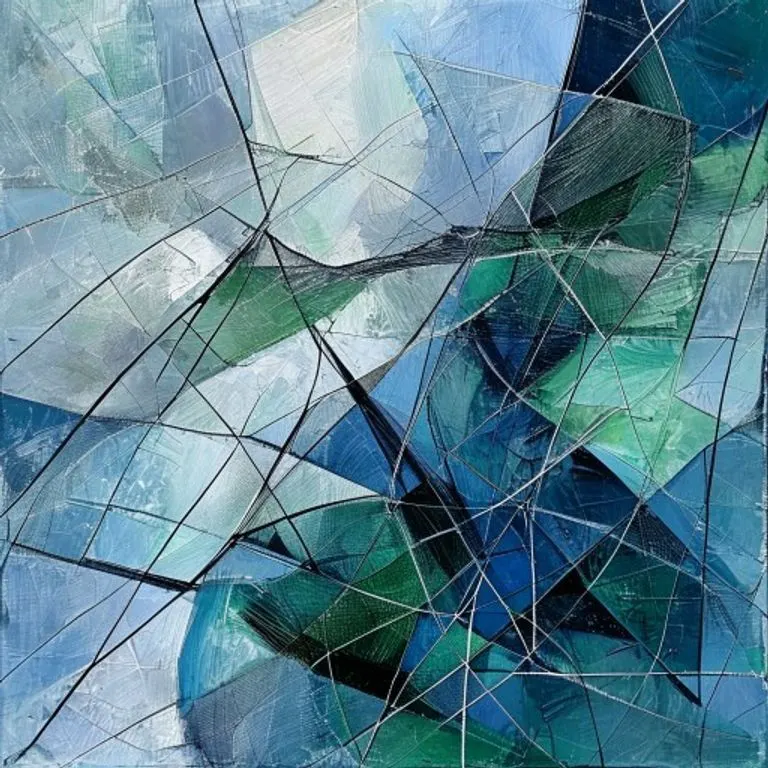 Pintura abstracta con líneas entrelazadas y formas geométricas en tonos azules y grises, con una sección clara y otra fragmentada, representando la complejidad de los riesgos asegurados y no asegurados, y la necesidad de un equilibrio en la protección.
