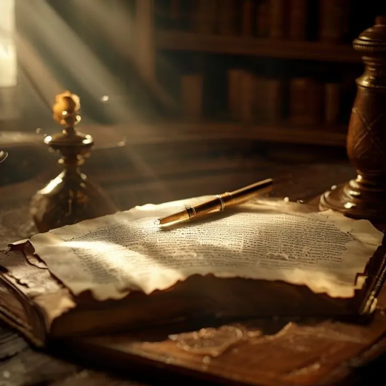 Bodegón cinematográfico de un escritorio antiguo con un libro de leyes abierto y una pluma de ave.