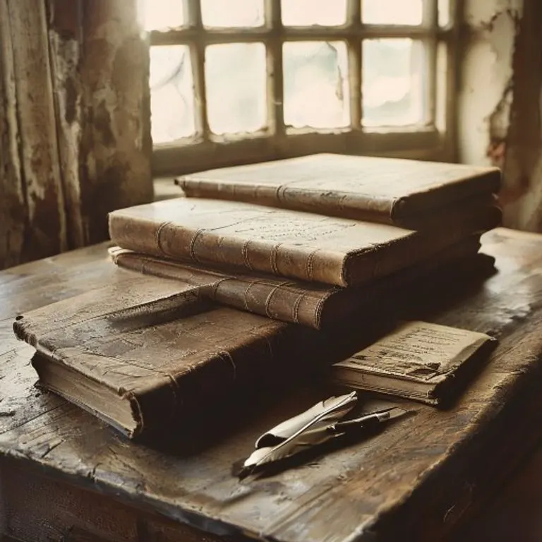 Fotografía vintage de un escritorio antiguo con libros contables, una pluma de ave y un manifiesto de carga desenrollado. Iluminación natural suave.