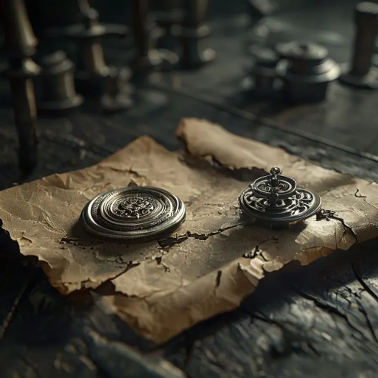 Render 3D conceptual de un sello de cera roto sobre un pergamino arrugado, junto a un intrincado rompecabezas metálico. Fondo industrial oscuro y borroso.