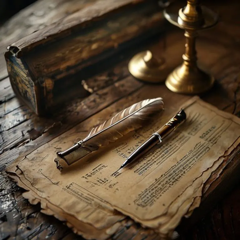 Bodegón cinematográfico de un boleto de viaje vintage y un documento legal sobre un escritorio de madera con una pluma y una balanza de justicia.