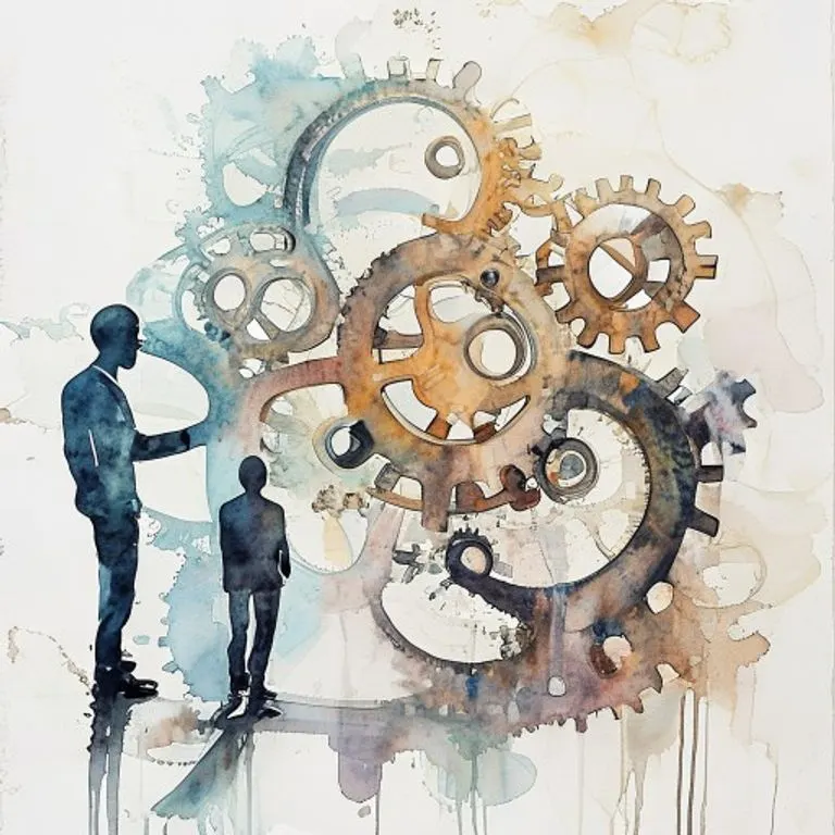 Pintura conceptual en acuarela de engranajes interconectados y figuras humanas, simbolizando la compleja interacción de responsabilidades y derechos en los contratos.