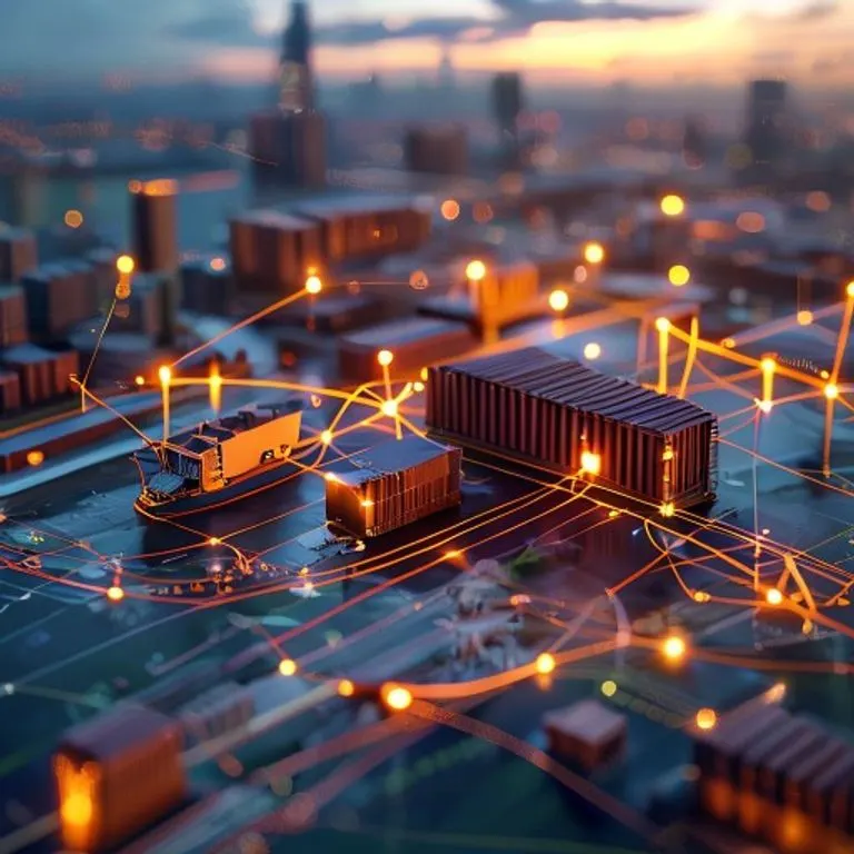 Render 3D de un contenedor de carga en un mapa digital, con líneas luminosas que conectan iconos de transporte, simbolizando la logística global y el transporte multimodal.