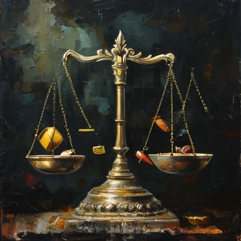 Pintura al óleo conceptual de una balanza equilibrada con símbolos legales en un lado y representaciones abstractas de mercancías y personas en el otro, con iluminación dramática.