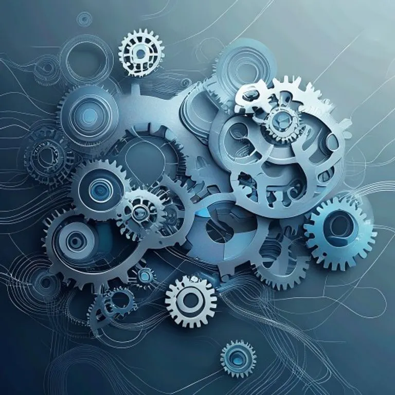 Arte conceptual de engranajes interconectados, algunos girando de forma continua y otros con movimientos periódicos, simbolizando la dinámica de los contratos de suministro y la interacción entre las partes.