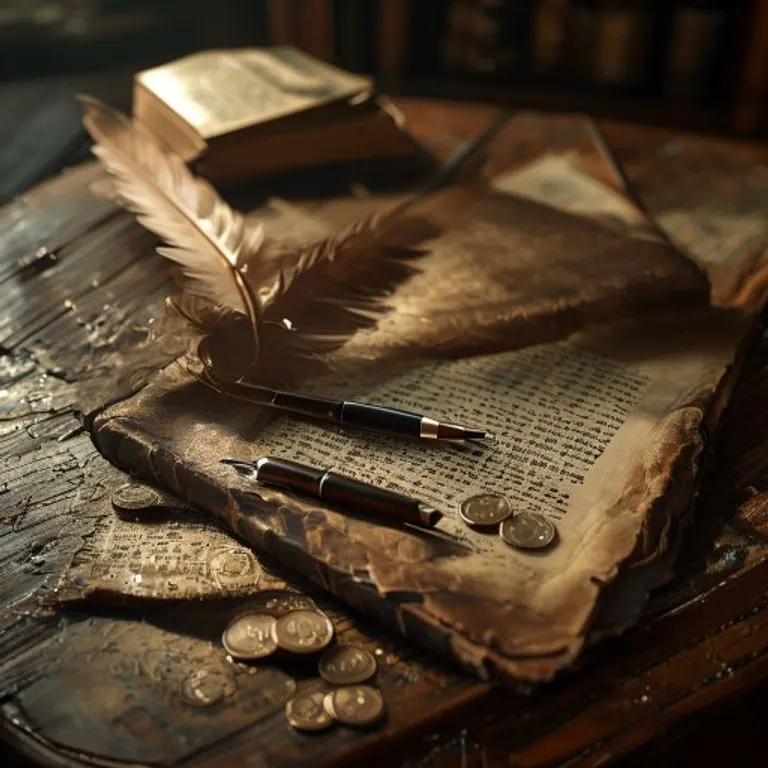 Bodegón de un escritorio antiguo con un código legal abierto, una pluma y monedas, bajo una luz dramática.