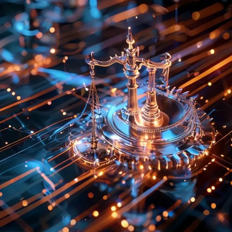 Render 3D de engranajes y balanzas legales entrelazados con líneas digitales, simbolizando la complejidad de los acuerdos comerciales y la justicia.