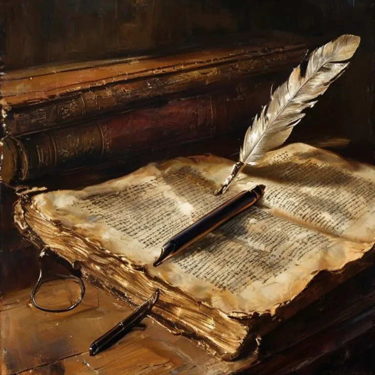 Detalle de un antiguo libro de leyes de cuero abierto, con una pluma de ave y un tintero, sobre un escritorio de madera.