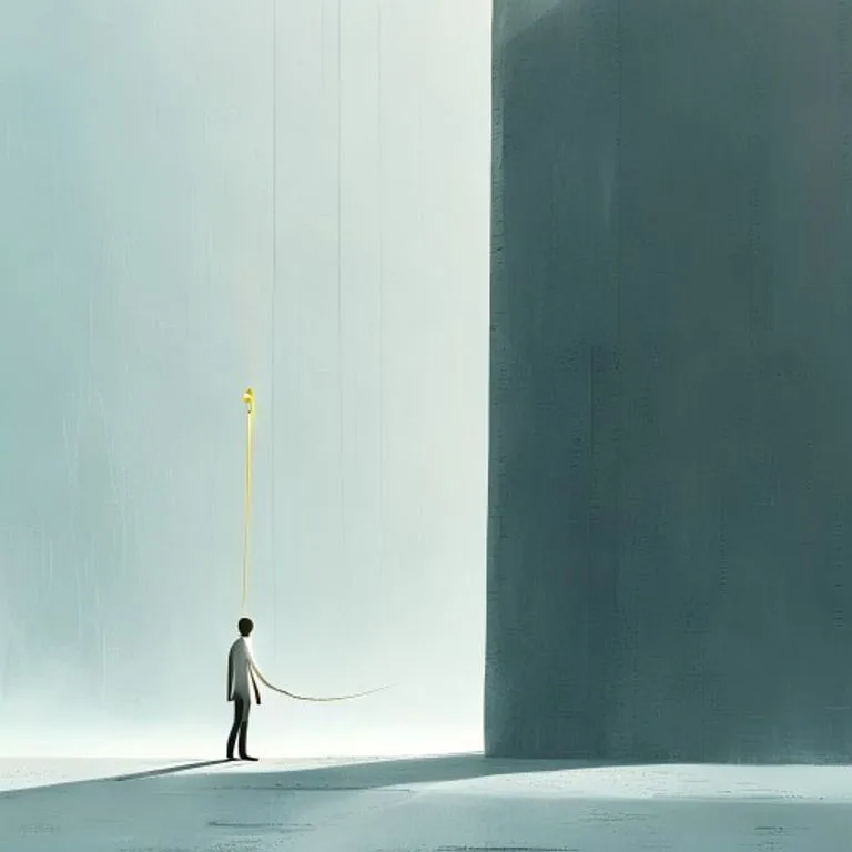 Composición conceptual de una figura humana minimalista intentando conectar un hilo dorado con una pared de texto legal, bajo una luz suave.
