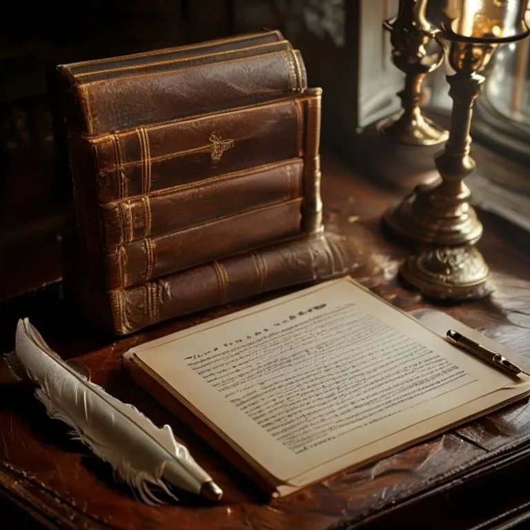 Bodegón cinematográfico de un escritorio meticulosamente arreglado con un libro de código comercial encuadernado en cuero, un documento de contrato sellado, una pluma de ave y una pequeña balanza de latón antigua, todo iluminado por una luz suave y direccional.