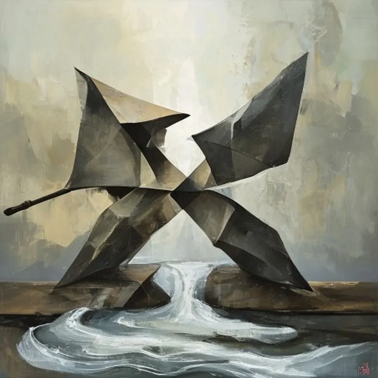 Pintura conceptual en tonos apagados que representa formas abstractas de resolución de disputas: dos formas opuestas y dentadas que intentan encajar, rodeadas por una corriente tranquila y fluida que representa la justicia, con sutiles toques de un mazo o símbolo legal en el fondo.