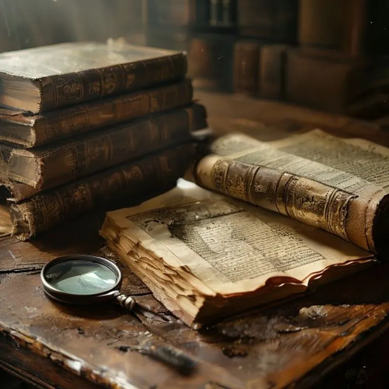 Primer plano de un antiguo escritorio de madera con libros de leyes encuadernados en cuero, una lupa sobre un texto legal y un sello de cera, evocando la historia del derecho.