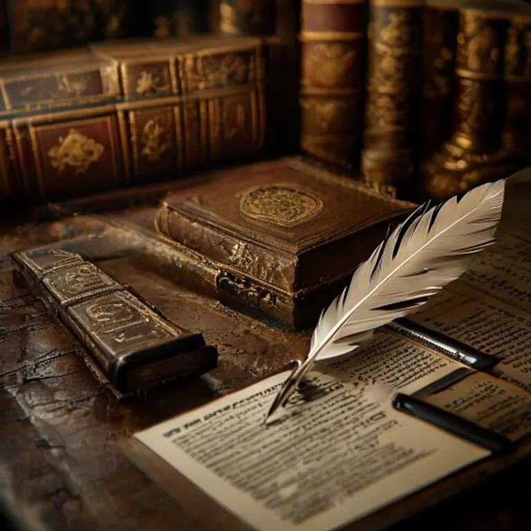 Escritorio con libros legales antiguos, pluma de ave, sello de cera con emblema colombiano y tablet con contratos digitales, bajo luz dramática.
