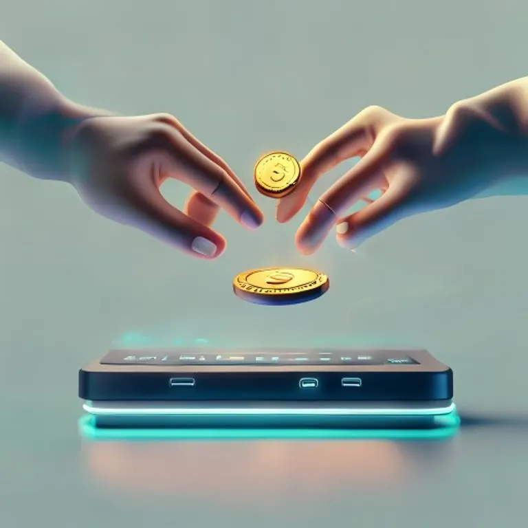 Ilustración 3D de manos intercambiando una moneda por un objeto abstracto en una balanza digital