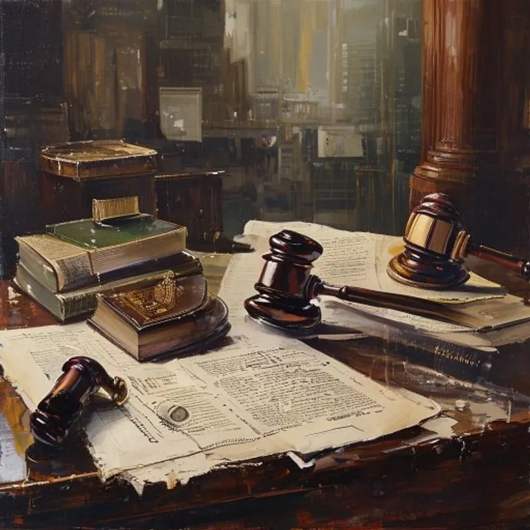 Pintura al óleo de documentos legales, sellos y un mazo de juez sobre un escritorio de madera oscura