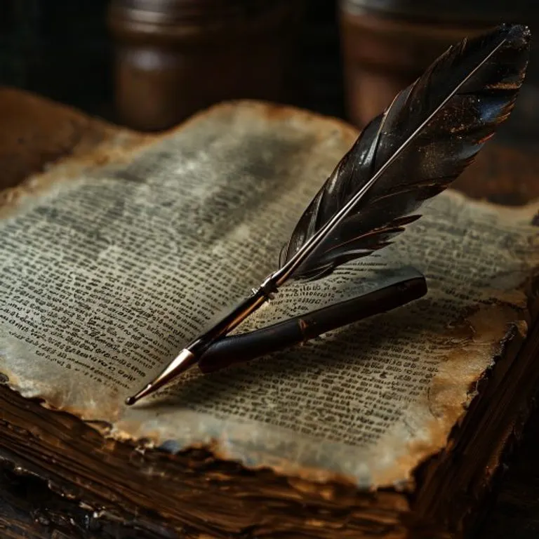 Bodegón cinematográfico de un antiguo libro de leyes abierto con texto resaltado, junto a una pluma de ave y tinta derramada, evocando la dificultad de la interpretación legal.