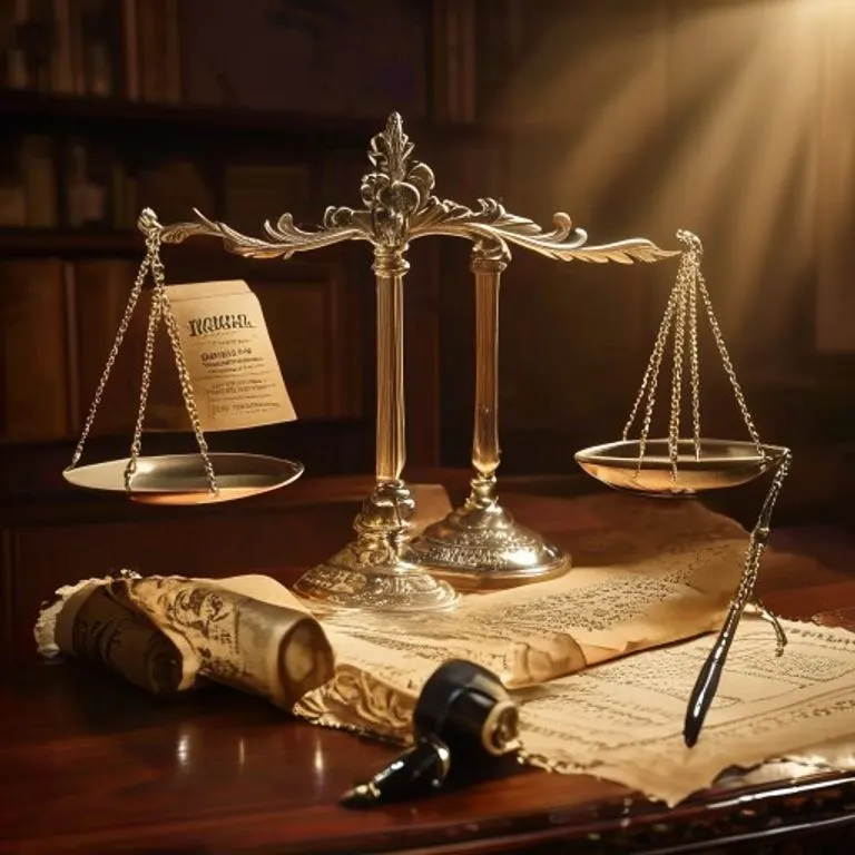 Bodegón cinematográfico de antiguas balanzas legales equilibrando pergaminos viejos, uno etiquetado 'Cedente' y otro 'Cesionario', sobre un escritorio de caoba. Una pluma de ave y un tintero se ven sutilmente, iluminados por una luz cálida.