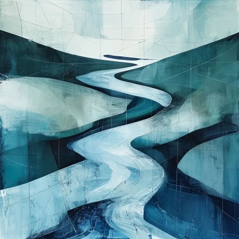 Pintura conceptual abstracta en tonos fríos, mostrando un río que se divide en dos arroyos, representando la transferencia de obligaciones y derechos. Formas geométricas y líneas sutiles sugieren marcos legales y acuerdos.