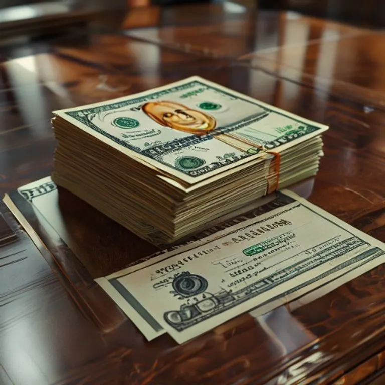 Representación 3D de billetes, cheques y pagarés sobre un escritorio, simbolizando el pago mercantil.