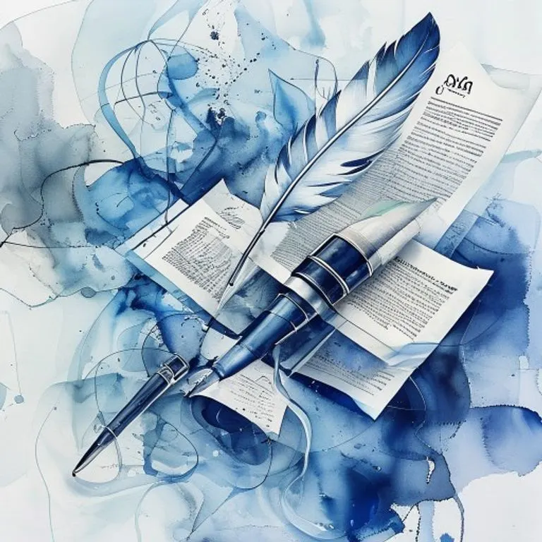 Pintura abstracta en acuarela de documentos legales y una pluma, representando la complejidad de las leyes mercantiles.