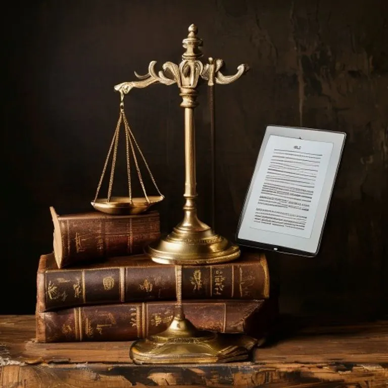 Naturaleza muerta cinematográfica de una balanza de latón vintage perfectamente equilibrada, con una pila de libros de leyes antiguos encuadernados en cuero en un lado y una tableta digital moderna que muestra un contrato en el otro. La iluminación suave y dramática resalta el contraste entre la tradición y la modernidad en el derecho comercial.