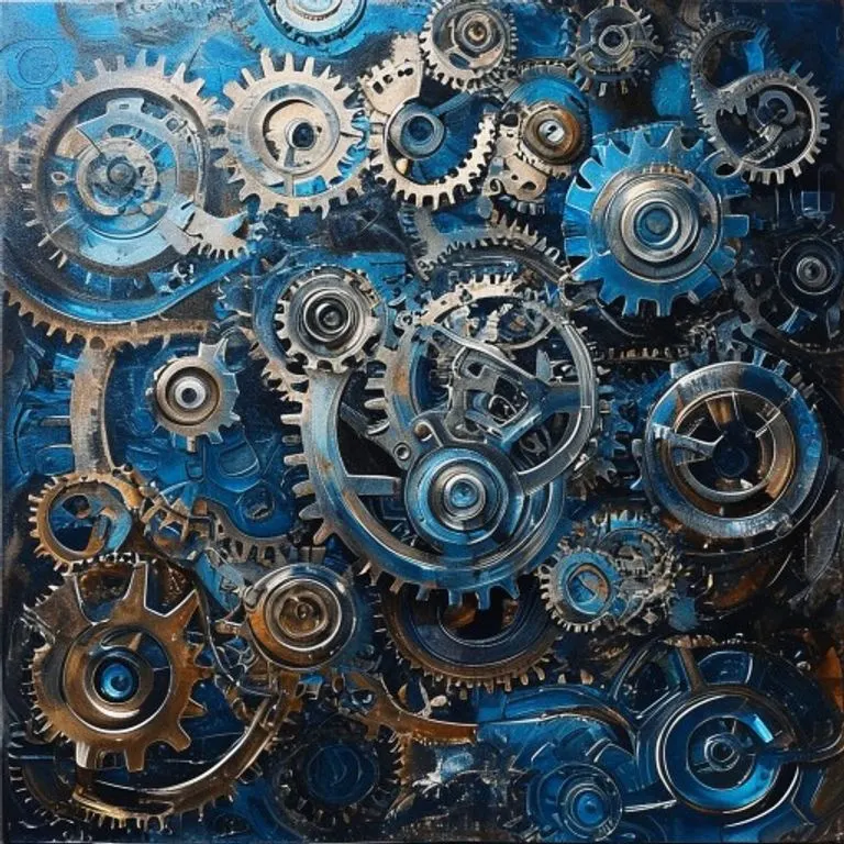 Arte conceptual abstracto, estilo pintura al óleo, que representa una compleja red de engranajes y ruedas dentadas interconectadas, algunas perfectamente alineadas y otras ligeramente desalineadas, simbolizando la intrincada naturaleza de las obligaciones contractuales y el potencial de circunstancias imprevistas para interrumpir su buen funcionamiento. Dominado por azules profundos y tonos metálicos.