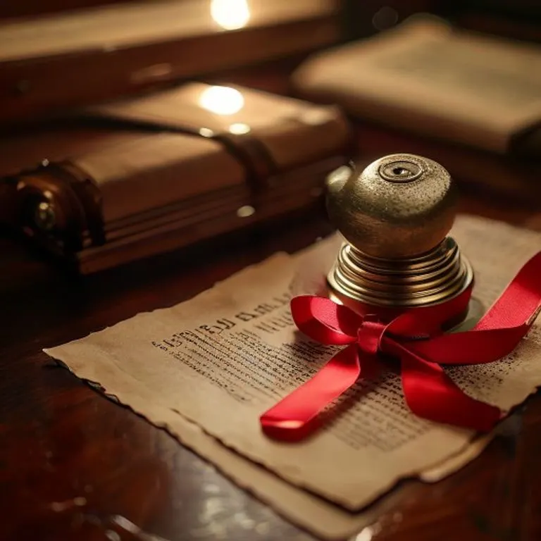Primer plano de un antiguo sello de cera con un sello de latón, junto a documentos legales atados con una cinta roja sobre un escritorio de caoba. La iluminación dramática resalta la formalidad y el compromiso legal.
