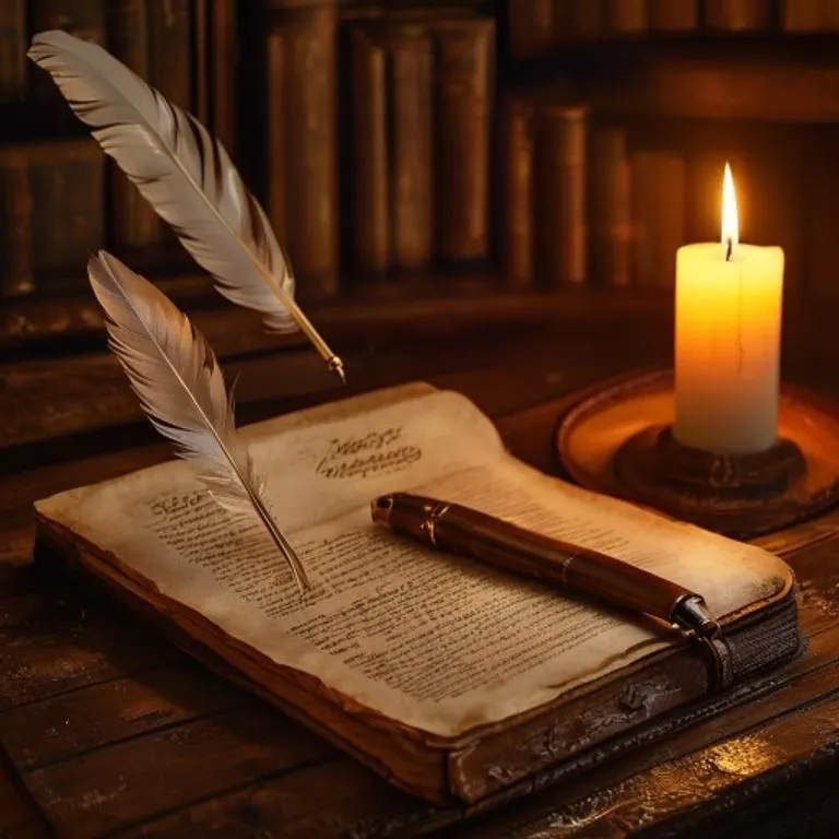 Naturaleza muerta cinematográfica de un escritorio antiguo con una pluma, un libro de leyes abierto y una vela, iluminando un documento de 'Poder General'.