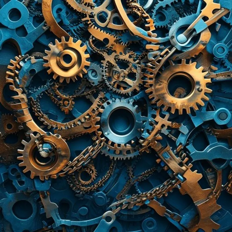 Arte conceptual abstracto de engranajes y cadenas entrelazadas, algunas rotas, simbolizando las complejidades de las obligaciones legales y el abuso de derechos.