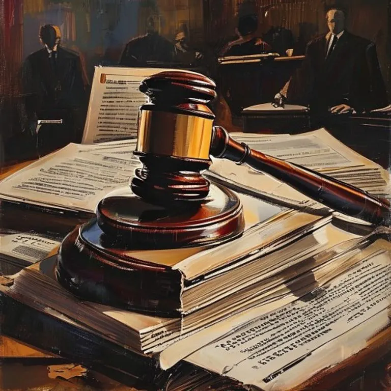 Pintura al óleo de un mazo de juez sobre documentos financieros, con figuras abstractas de fondo, representando una subasta comercial.