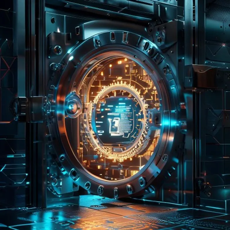 Ilustración digital 3D de una puerta de bóveda estilizada con engranajes, parcialmente abierta revelando datos brillantes, simbolizando seguridad y activos digitales.
