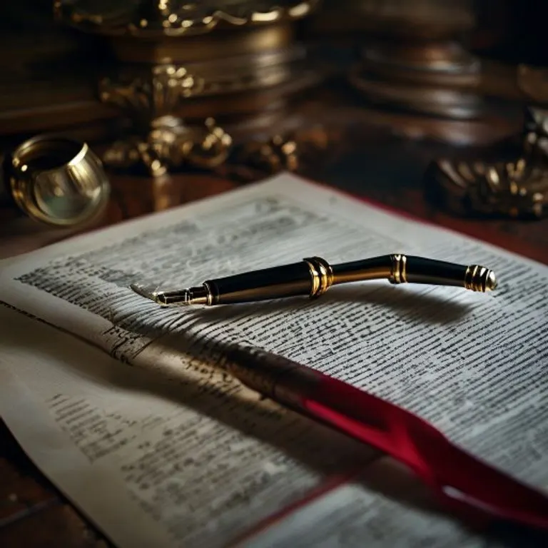 Bodegón cinematográfico de una pluma estilográfica sobre documentos legales antiguos con un lazo rojo, bajo luz dramática.